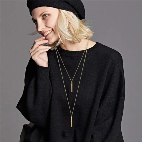 Women 6 PCS Long Pendant Necklace for Women Gold Bar Circle Leaf Triangle Set - Picture 5 of 6